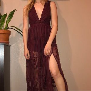 Maroon Lace Maxi Romper